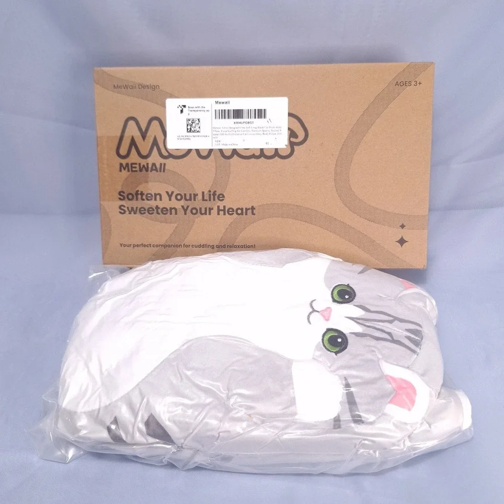 Mewaii Long Cat Plush Body Pillow 20 inch Grey Soft Stuffed Animal Gift New‎